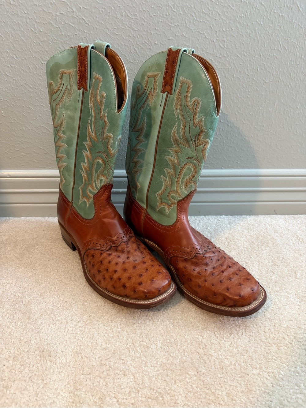 Boulet 6520 Women’s Genuine Ostrich Cowboy Boots Turquoise Brandy Size 9 C